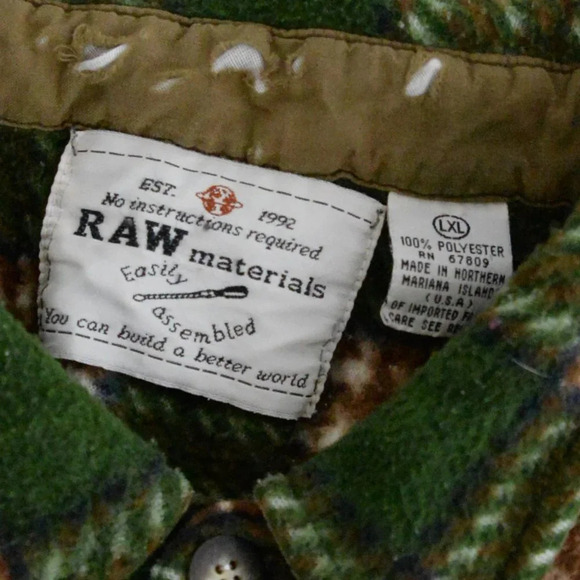 Vintage  90's Raw Materials Green & Brown Checker Print Fleece Button Up Shacket - Picture 3 of 12
